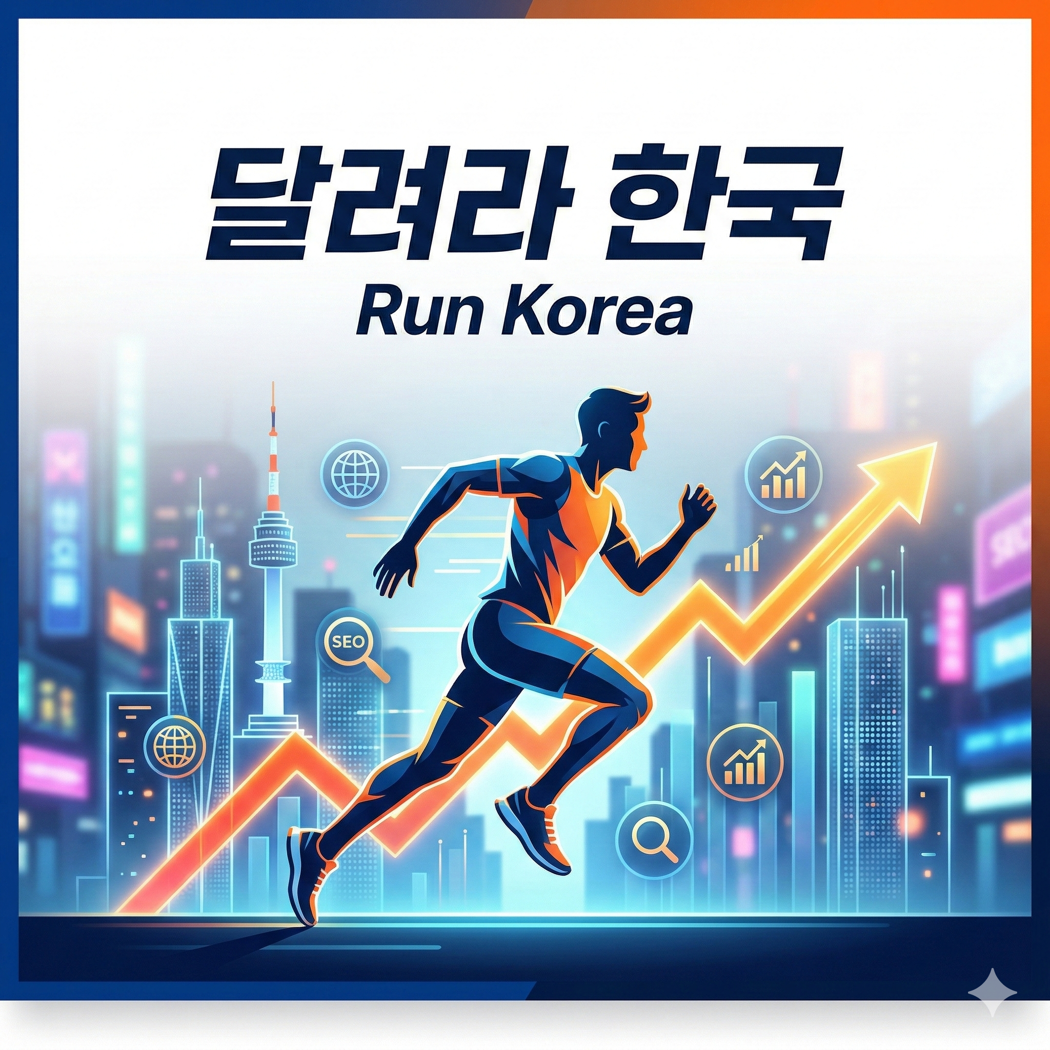 현대적인 서울의 스카이라인을 배경으로 역동적으로 달려나가는 실루엣과 디지털 데이터의 흐름, 그리고 "달려라 한국"이라는 텍스트를 보여주는 1:1 비율의 공식 썸네일 이미지.