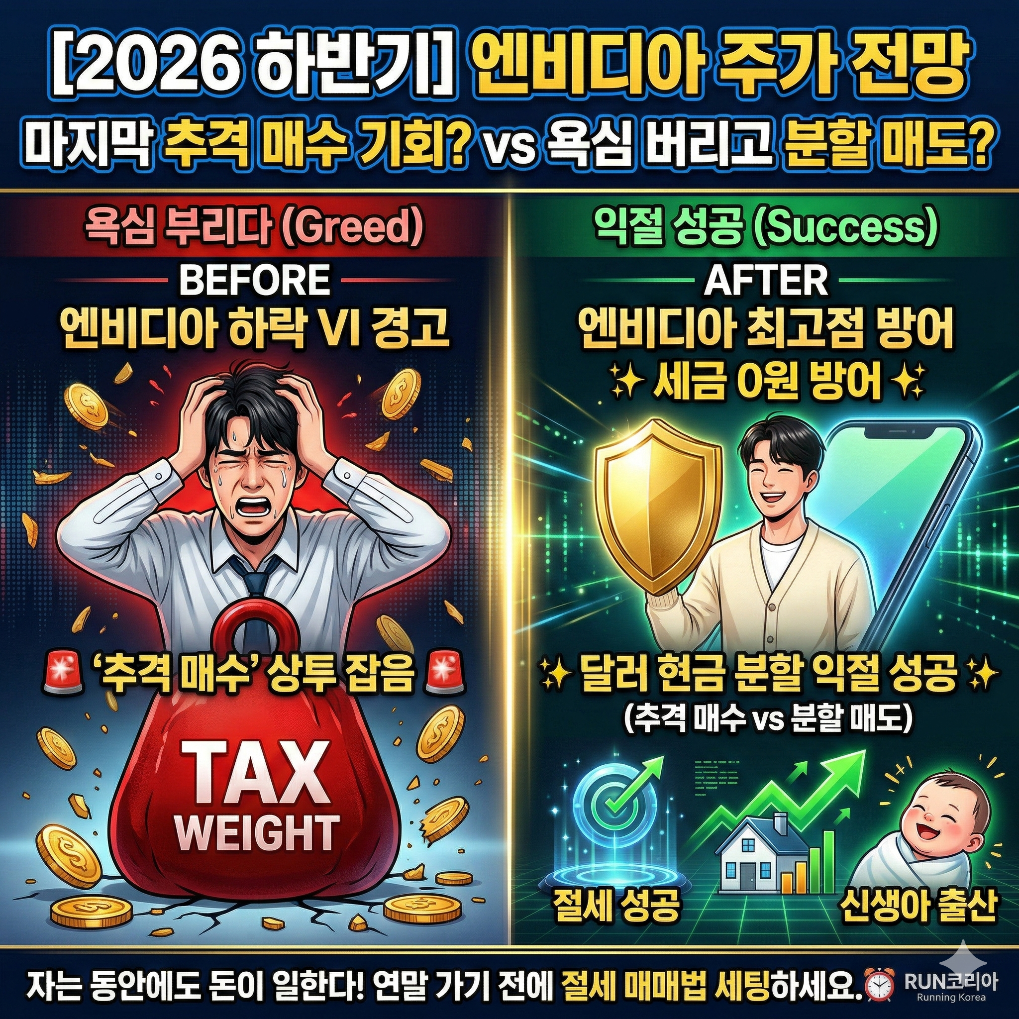 '엔비디아 주가 전망! 추격 매수 상투? VS 분할 매도 달러 현금'을 비교한 1:1 정사각형 이미지. 왼쪽(빨강)에는 '끝없이 오르는 엔비디아 차트(초록색)'와 '추격 매수'라 적힌 거대한 무게추, 그리고 끊어진 하락 VI 체인에 갇혀 오열하는 젊은 남성이 있다. 오른쪽(초록)에는 빛나는 달러 현금다발과 '분할 매도'라 적힌 금빛 방패를 든 스마트한 투자자가 있다. 중앙에는 거대한 'VS' 로고와 상단에 '[2026 하반기] 엔비디아 주가 전망', '마지막 추격 매수 기회? vs 욕심 버리고 분할 매도?'라는 제목이 적혀 있다. 하단에는 '자는 동안에도 돈이 일한다! 연말 가기 전에 절세 매매법 세팅하세요.'라는 문구와 로고가 있다.