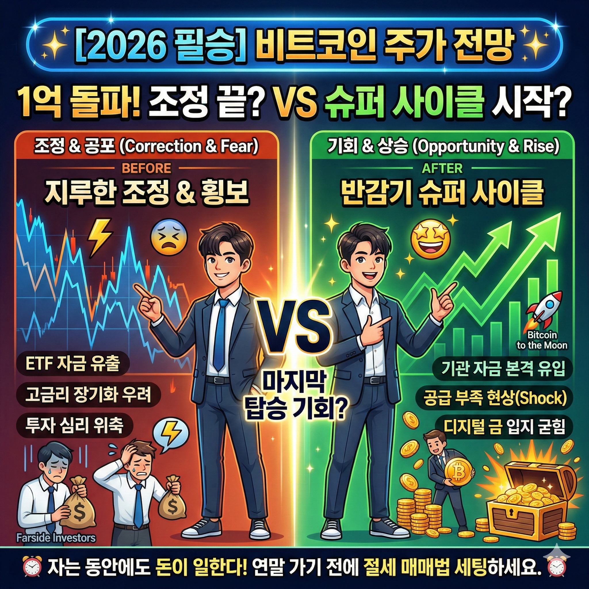'비트코인 주가 전망! 지루한 조정? VS 반감기 슈퍼 사이클!'을 비교한 1:1 정사각형 이미지. 왼쪽(빨강)에는 '조정 & 공포'라는 텍스트와 함께, 끊어진 하락 VI 체인에 갇혀 오열하는 젊은 남성과 'ETF 자금 유출'이라 적힌 거대한 무게추가 대비되어 있다. 오른쪽(초록)에는 빛나는 금화와 열쇠, 불꽃, '슈퍼 사이클'이라는 텍스트가 있으며, 화랑(Hwarang) 캐릭터가 역동적으로 채권 기술력을 뽐내고 있다. 중앙에는 거대한 'VS' 로고와 상단에 '[2026 필승] 비트코인 주가 전망', '1억 돌파! 조정 끝? VS 슈퍼 사이클 시작?'이라는 제목이 적혀 있다. 하단에는 '자는 동안에도 돈이 일한다! 연말 가기 전에 절세 매매법 세팅하세요.'라는 문구와 로고가 있다.