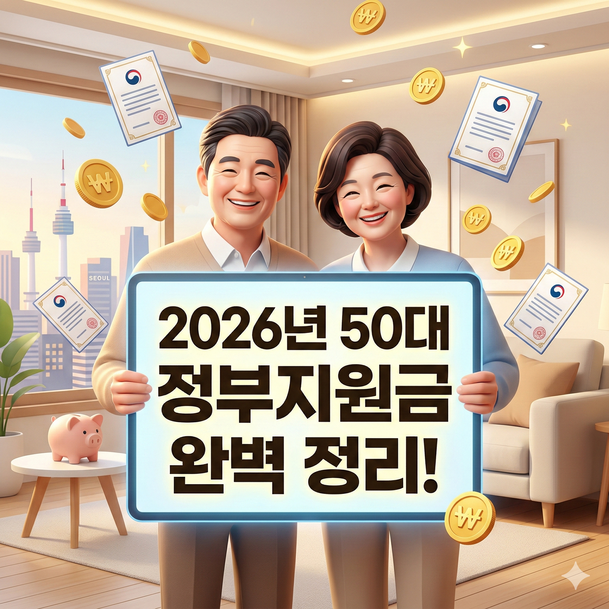 2026년 50대를 위한 정부지원금 완벽 정리를 알아보고 행복해하는 50대 부부가 가상의 digital check를 가리키는 3D 일러스트 썸네일 이미지입니다. check에는 한국 원화(₩) 동전과 '정부지원금 2026'이라는 한글 텍스트가 떠 있습니다. 주변에는 금화와 지폐, '보조금24' 아이콘이 떠 있습니다. 따뜻하고 신뢰감 있는 분위기입니다.