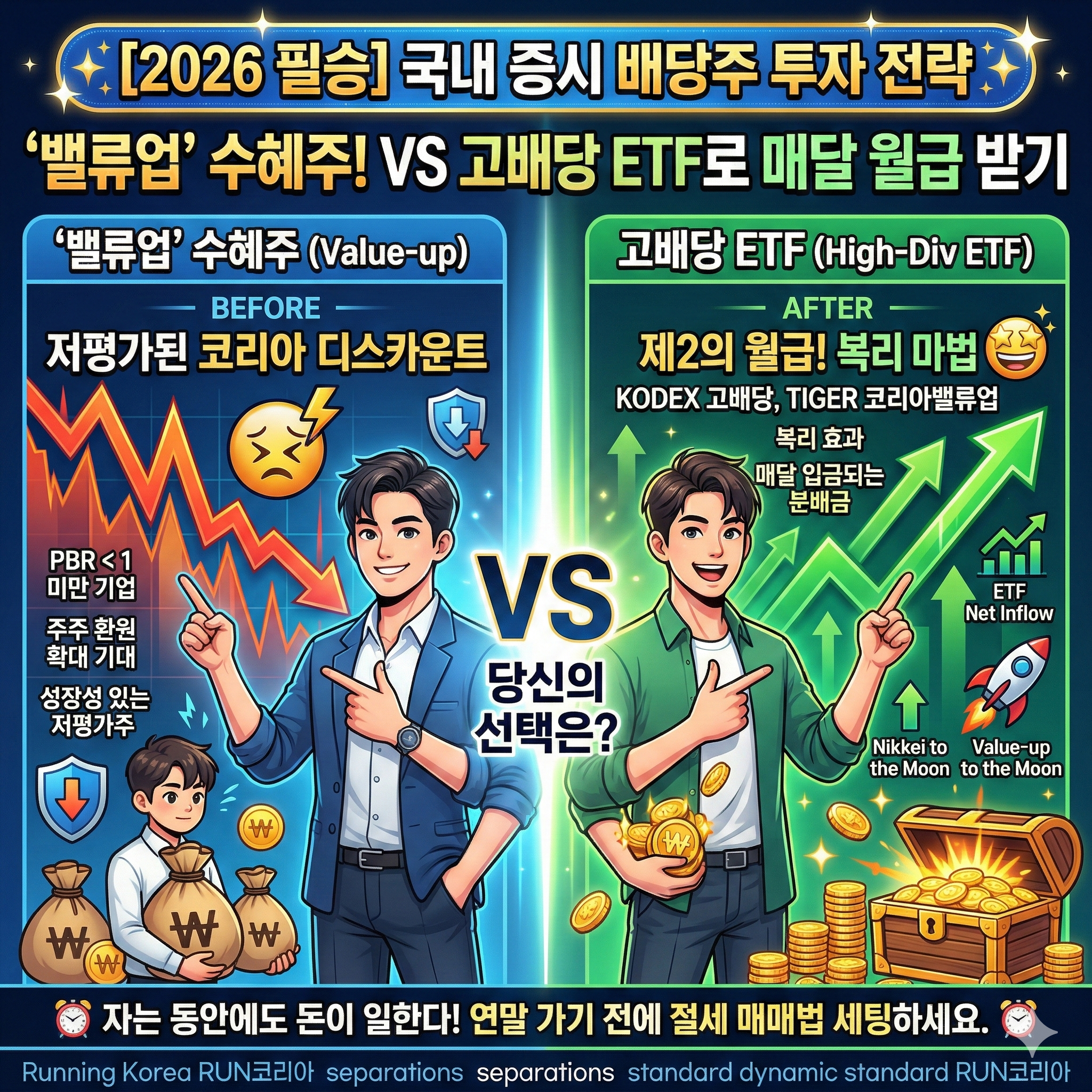 '배당주 투자 전략! 저평가 밸류업 수혜주? VS 안정적 고배당 ETF!'를 비교한 1:1 정사각형 이미지. 왼쪽(빨강)에는 거대한 낡은 무게추와 '저평가'라는 텍스트와 함께, 끊어진 하락 VI 체인에 갇혀 오열하는 젊은 남성이 있다. 오른쪽(초록)에는 빛나는 금화와 열쇠, 불꽃, '월급 복리'라는 텍스트가 있으며, 화랑(Hwarang) 캐릭터가 역동적으로 채권 기술력을 뽐내고 있다. 중앙에는 거대한 'VS' 로고와 상단에 '[2026 필승] 국내 증시 배당주 투자 전략', '밸류업 수혜주! VS 고배당 ETF로 매달 월급 받기'라는 제목이 적혀 있다. 하단에는 '자는 동안에도 돈이 일한다! 연말 가기 전에 절세 매매법 세팅하세요.'라는 문구와 로고가 있다.