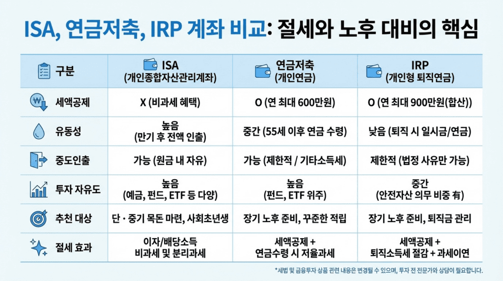 ISA 연금저축 IRP의 세액공제와 유동성을 비교한 인포그래픽