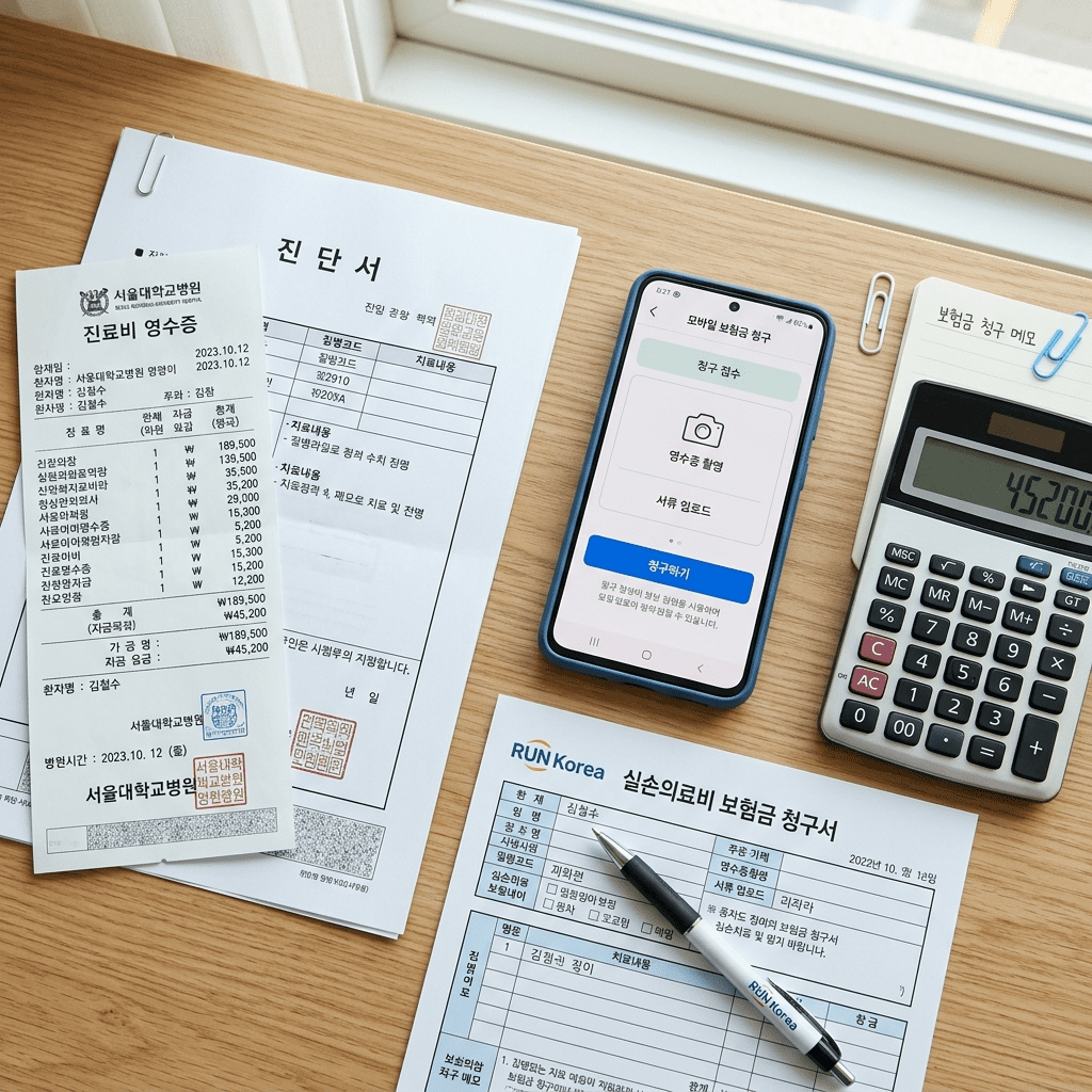 실손보험 청구 방법을 보여주는 보험 서류와 스마트폰 청구 화면 썸네일 이미지