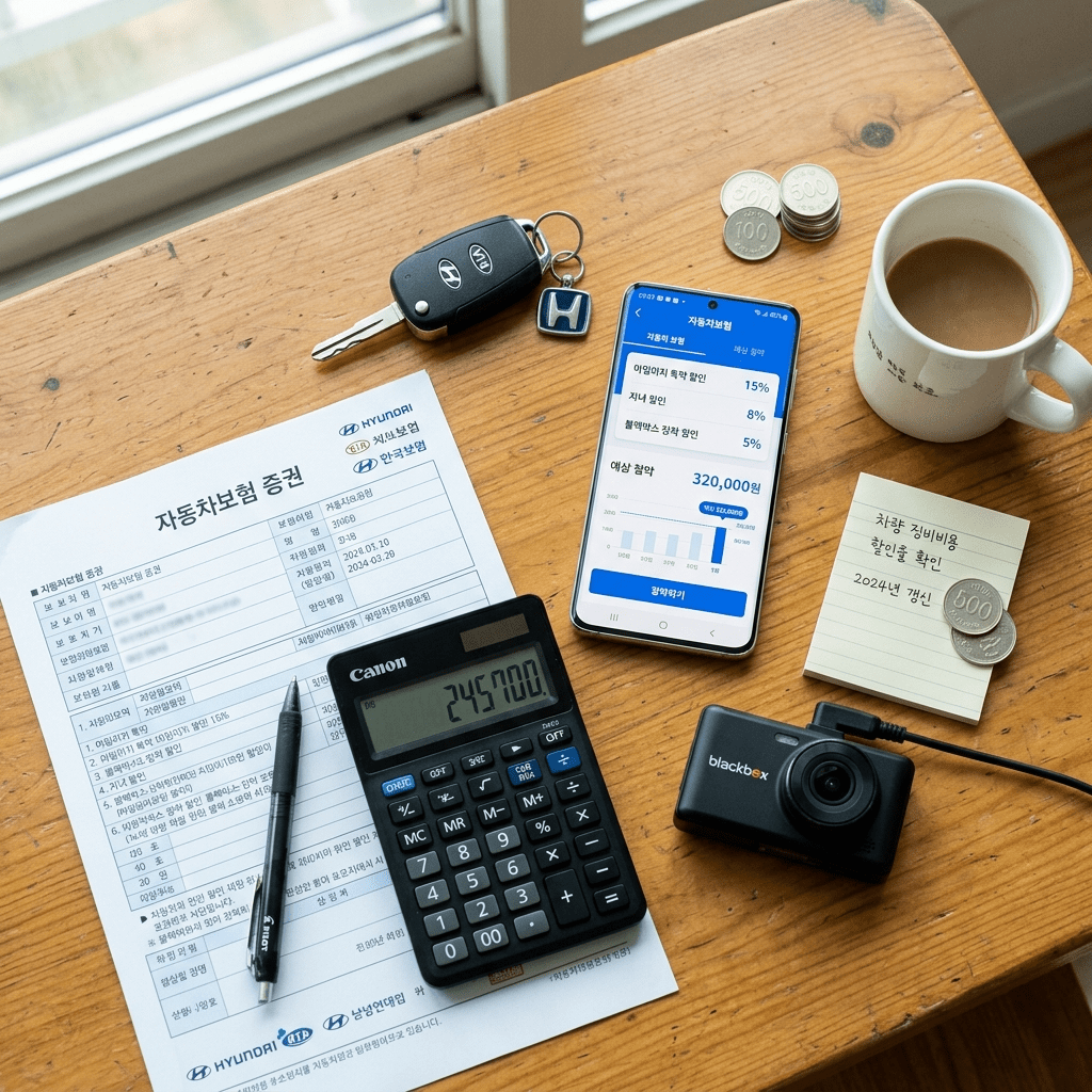 자동차보험 할인 특약을 보여주는 자동차 키와 보험 서류 썸네일 이미지
