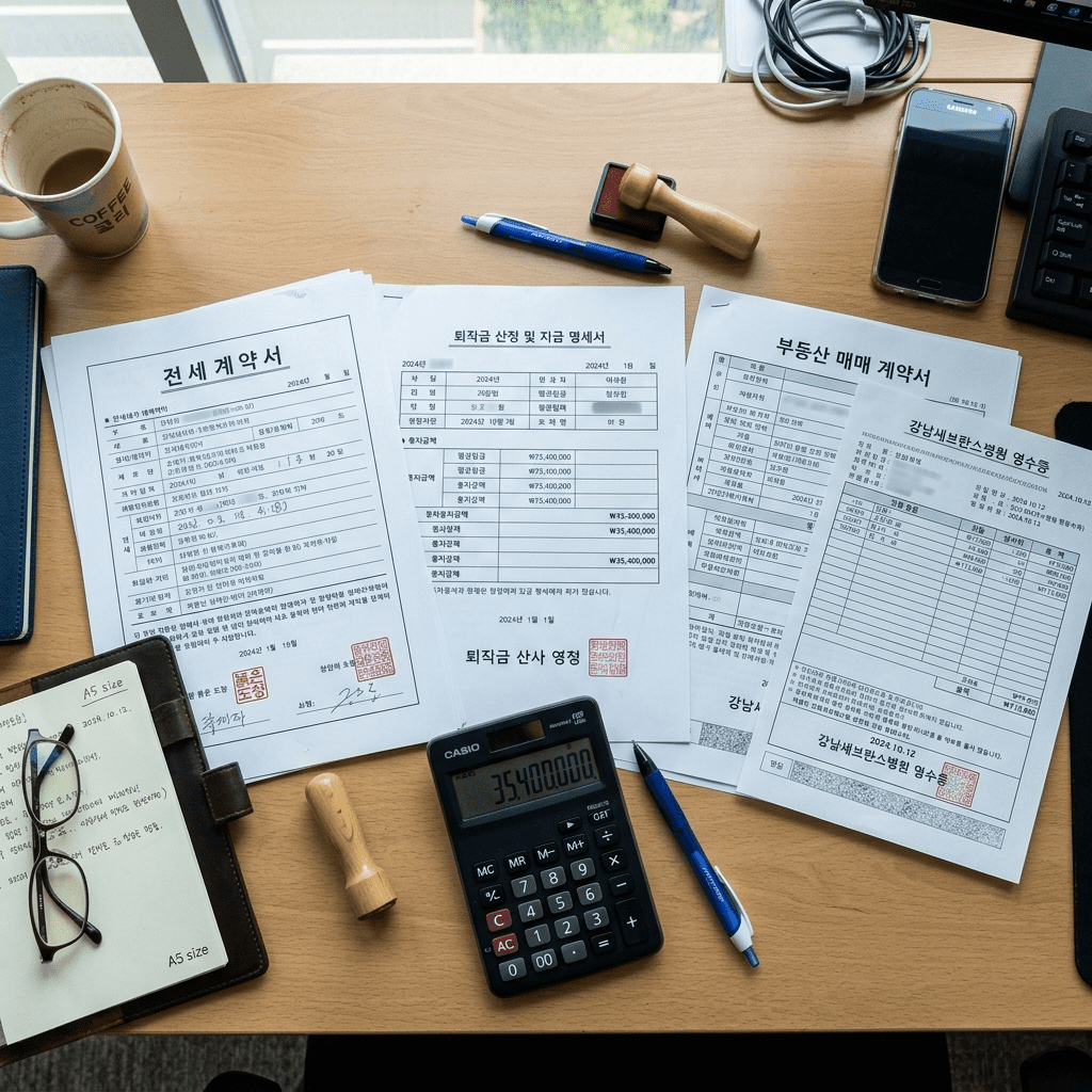 퇴직금 중간정산 사유를 보여주는 정산 서류와 계산기 썸네일 이미지