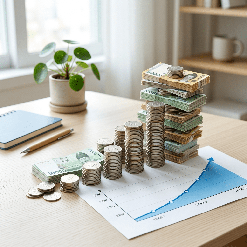 복리의 힘을 보여주는 동전 더미와 상승 그래프가 있는 경제 블로그 썸네일 이미지