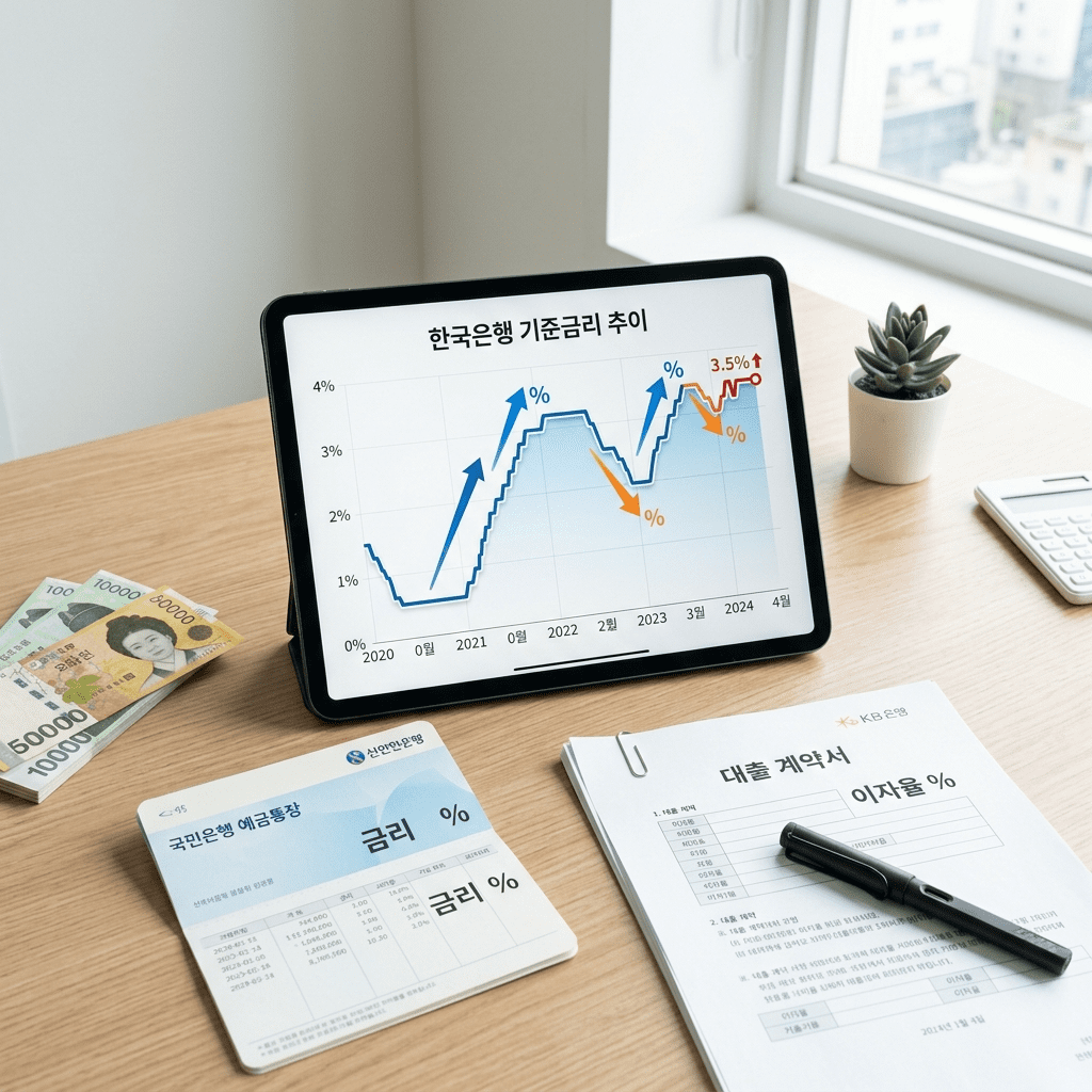 기준금리 뜻을 보여주는 금리 그래프와 금융 서류 썸네일 이미지