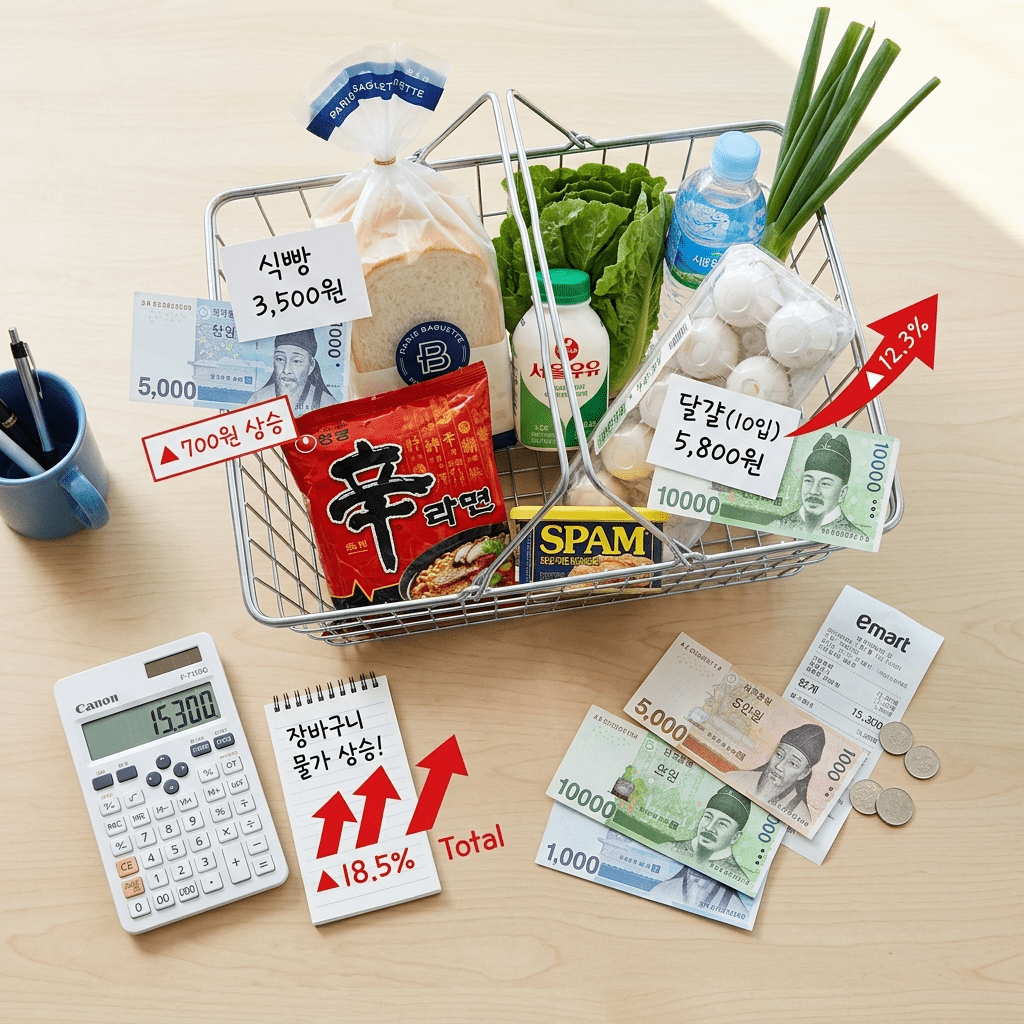 인플레이션 뜻을 보여주는 식료품 가격표와 상승 화살표가 있는 썸네일 이미지