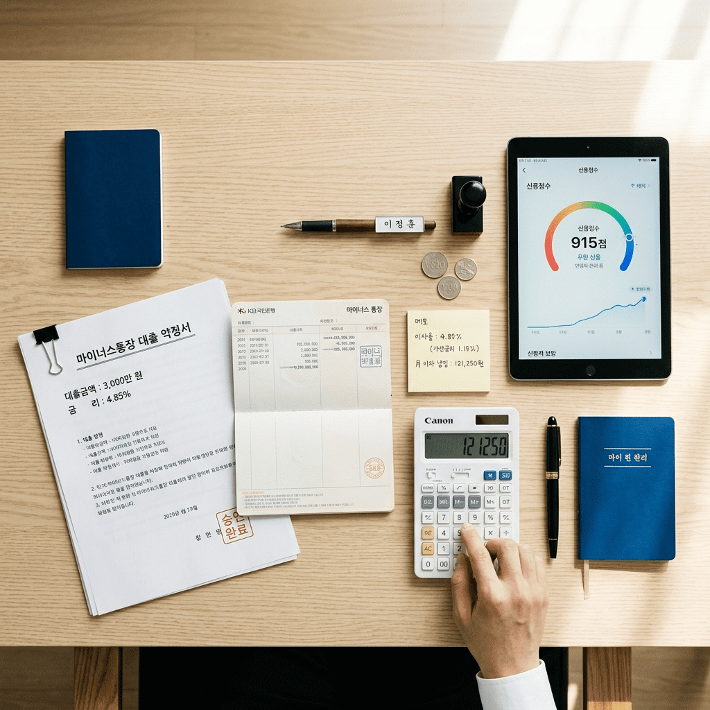 마이너스통장 장단점을 보여주는 통장과 대출 서류 썸네일 이미지