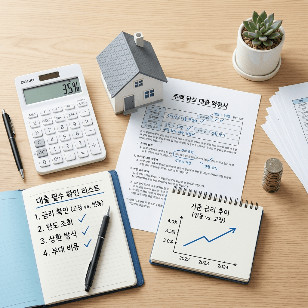 대출 기초를 보여주는 대출 계약서와 계산기 썸네일 이미지