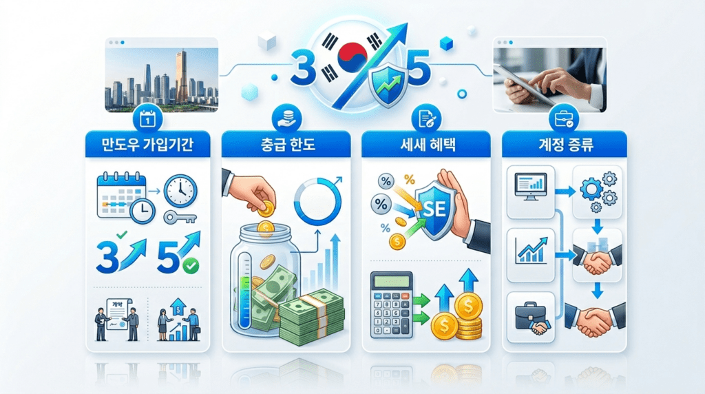 의무가입기간, 납입한도, 절세 혜택, 계좌 유형이 아이콘과 표로 정리된 인포그래픽