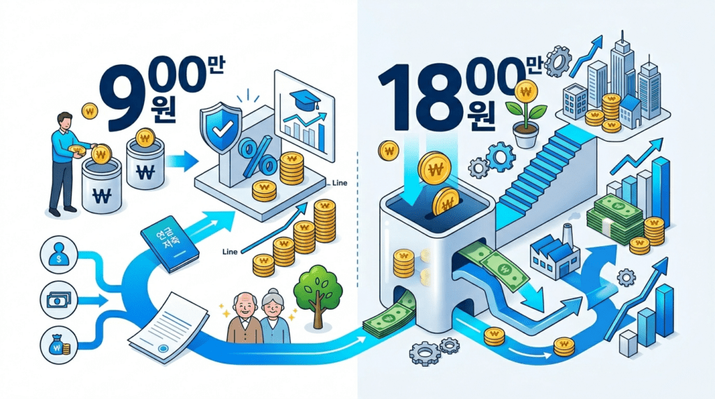 900만원 세액공제 한도와 1800만원 납입한도의 차이, 연금저축과 IRP 합산 흐름을 보여주는 인포그래픽