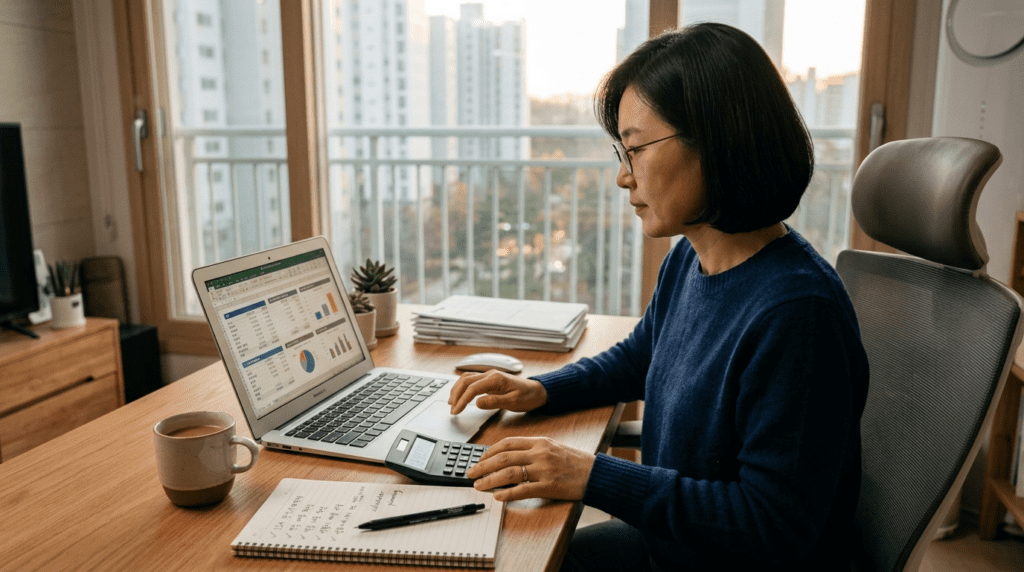 40~50대 직장인이 ISA 계좌, 예금, 연금, 생활비를 구분하며 자금 역할을 점검하는 장면