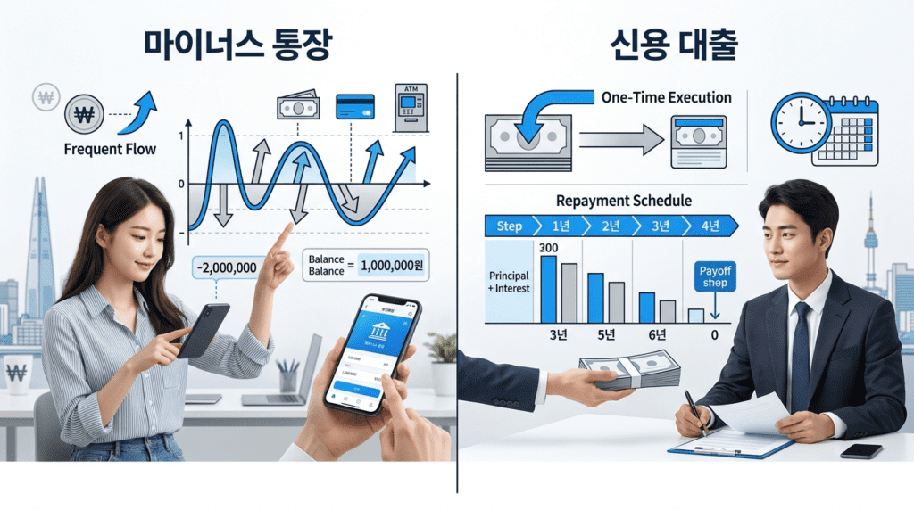 마이너스통장 장단점과 일반 신용대출 차이를 보여주는 이미지