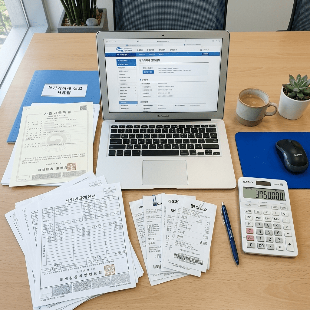 부가가치세 신고 대상을 보여주는 세금계산서와 계산기 썸네일 이미지