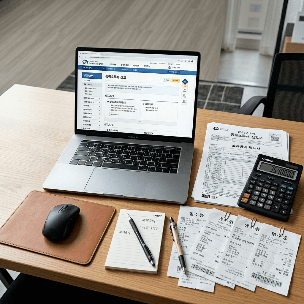 종합소득세 신고 대상을 보여주는 세금 서류와 계산기 썸네일 이미지
