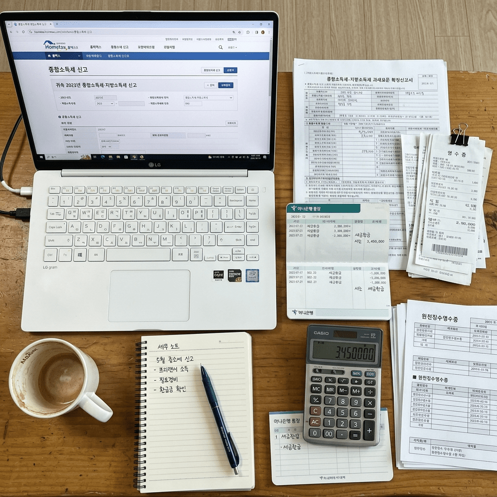 종합소득세 환급을 보여주는 세금 서류와 계산기 썸네일 이미지