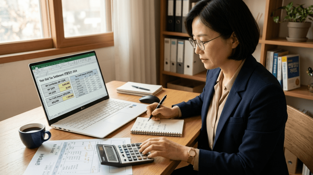 40대 직장인이 IRP 납입액과 세액공제 계산표를 확인하는 장면