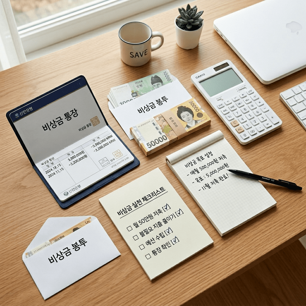 비상금 통장 만드는 법을 보여주는 통장과 현금 봉투 계산기 썸네일 이미지