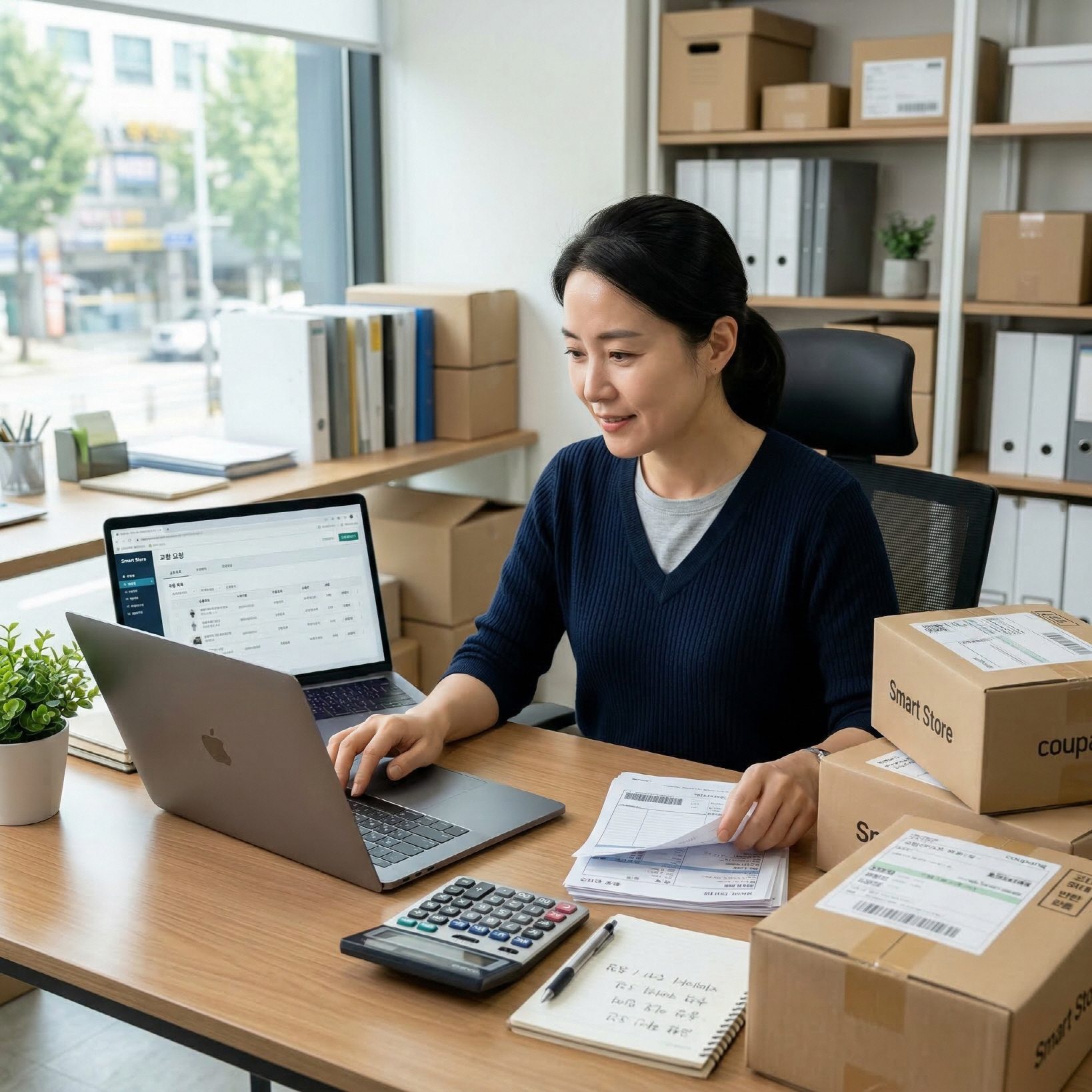 스마트스토어 교환처리를 보여주는 택배 박스와 판매자 화면 썸네일 이미지