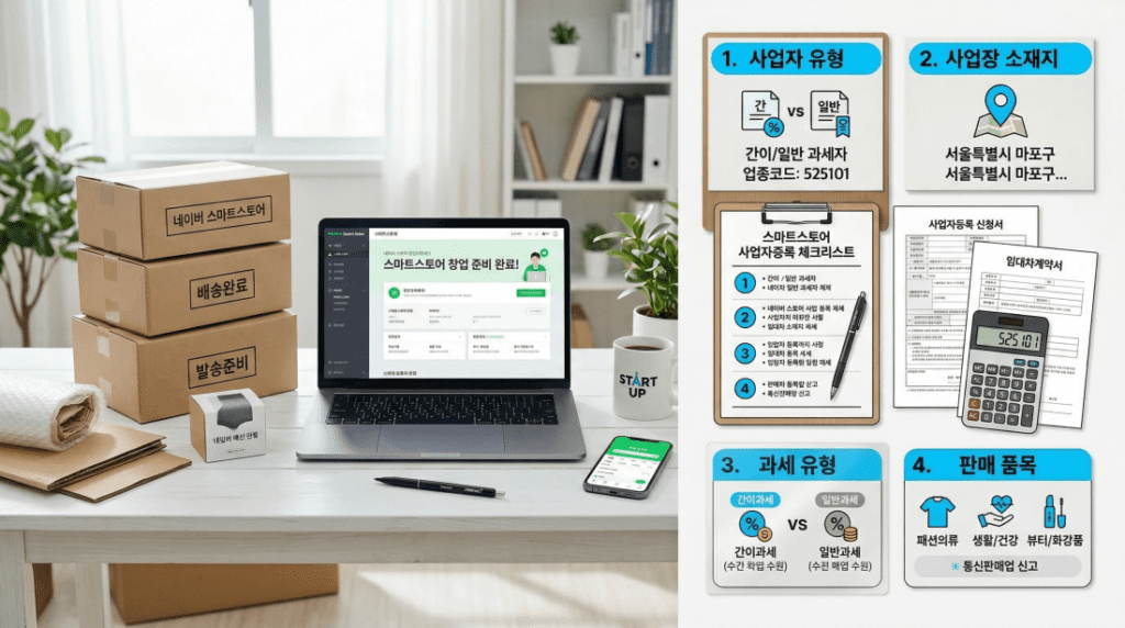 스마트스토어 사업자등록에 필요한 업종코드와 과세유형을 정리한 이미지