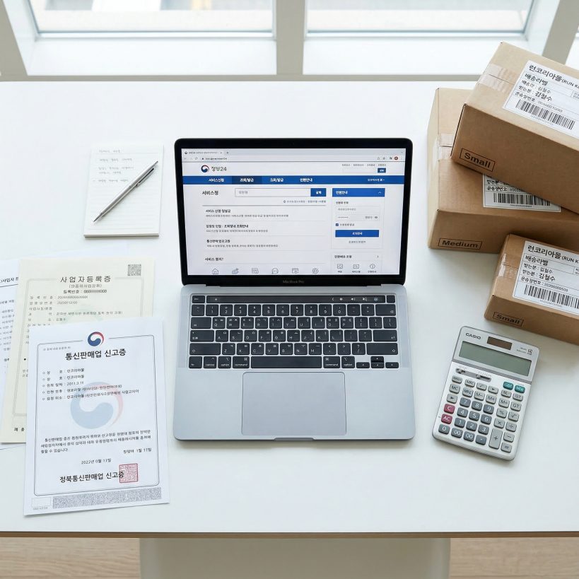 통신판매업 신고 방법을 보여주는 사업자 서류와 온라인 판매 체크리스트 썸네일 이미지