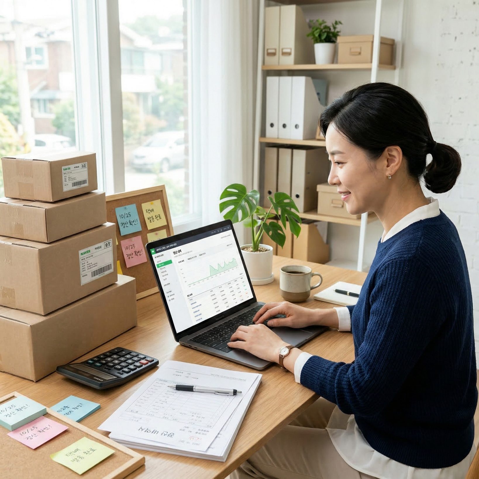 스마트스토어 정산일을 보여주는 정산 내역과 노트북 썸네일 이미지