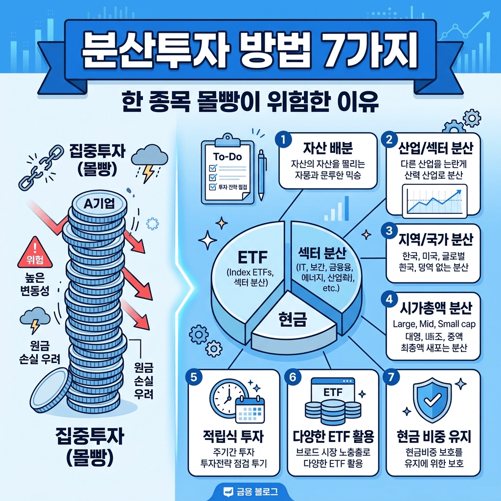 분산투자 방법 7가지와 한 종목 몰빵이 위험한 이유를 시각적으로 비교한 투자 리스크 관리 블로그 썸네일