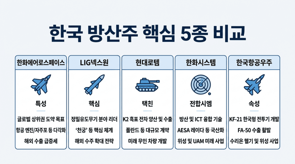 "한국 주요 방산주 5종(한화에어로스페이스·LIG넥스원·현대로템·한화시스템·한국항공우주)의 핵심 분야와 특징을 비교한 인포그래픽"