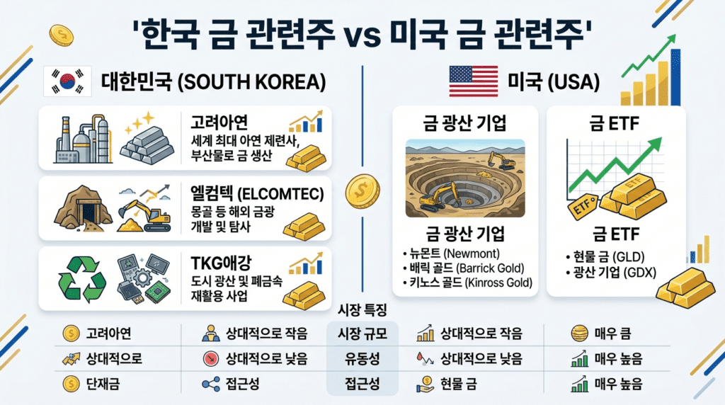 한국 금 관련주(고려아연·엘컴텍·TKG애강)와 미국 금 관련주(금광주·금 ETF)를 비교한 인포그래픽