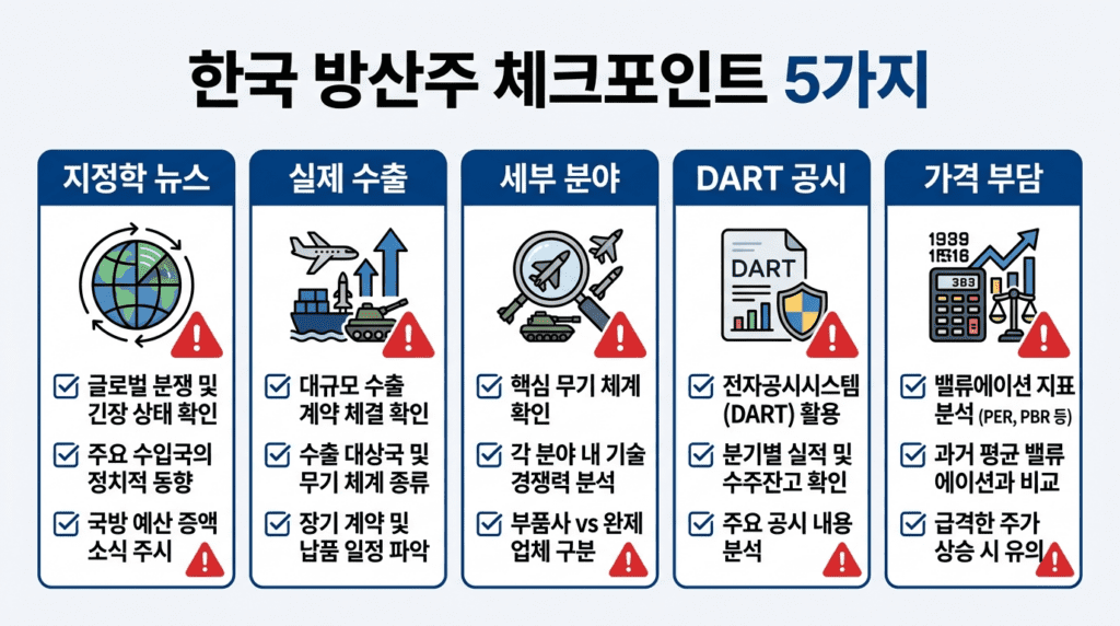 "한국 방산주 투자 시 확인해야 할 5가지 체크포인트(지정학 뉴스·실제 수출·세부 분야·DART 공시·가격 부담)를 정리한 인포그래픽"