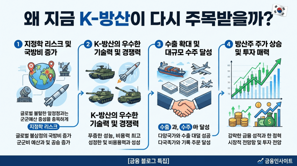 "K-방산이 지정학 리스크와 수출 수주 증가로 다시 주목받는 이유를 설명하는 인포그래픽"