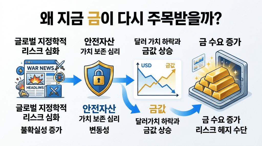 전쟁 불안과 달러 변동성 속에서 금이 안전자산으로 다시 주목받는 이유를 설명하는 인포그래픽