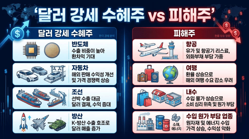 달러 강세 수혜주(반도체·자동차·조선·방산)와 피해주(항공·여행·내수·수입원가 부담)를 대비하여 비교한 인포그래픽