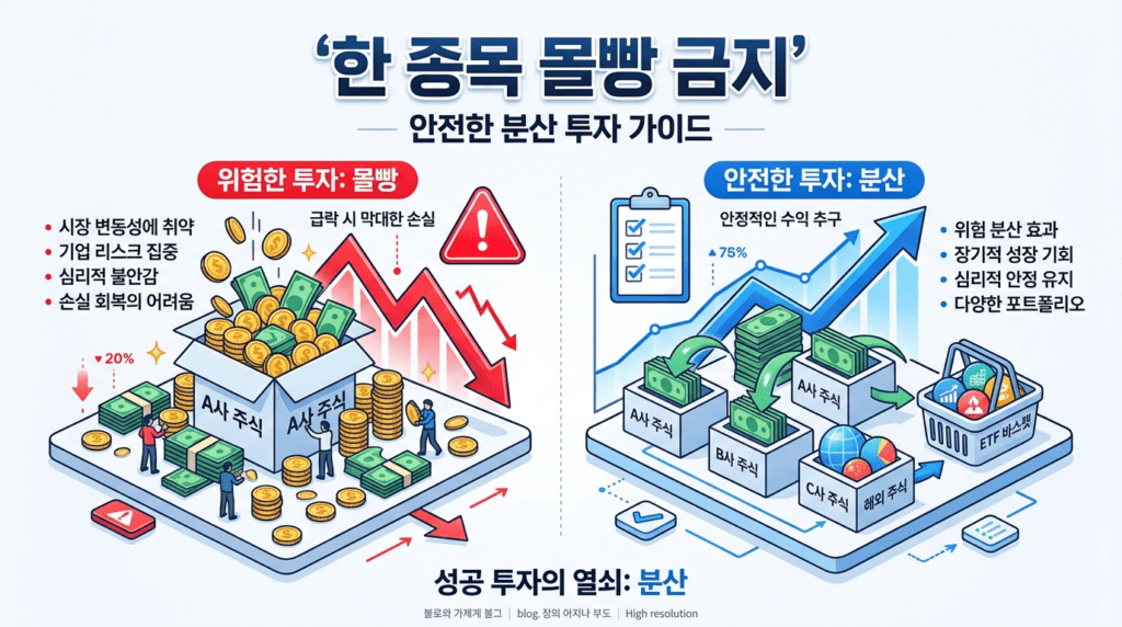 한 종목 몰빵 금지 원칙과 여러 종목과 ETF로 자금을 분산하는 안전한 투자 구조를 비교한 인포그래픽