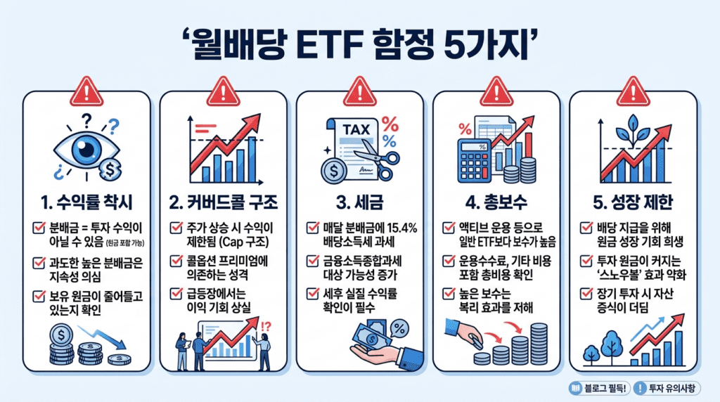월배당 ETF의 5가지 함정 수익률 착시 커버드콜 구조 세금 총보수 성장 제한을 경고하는 인포그래픽