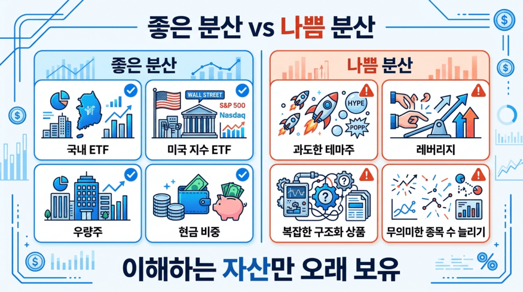 좋은 분산투자와 나쁜 분산투자를 ETF 우량주 현금 비중과 테마주 레버리지 복잡 상품으로 구분하여 비교한 인포그래픽