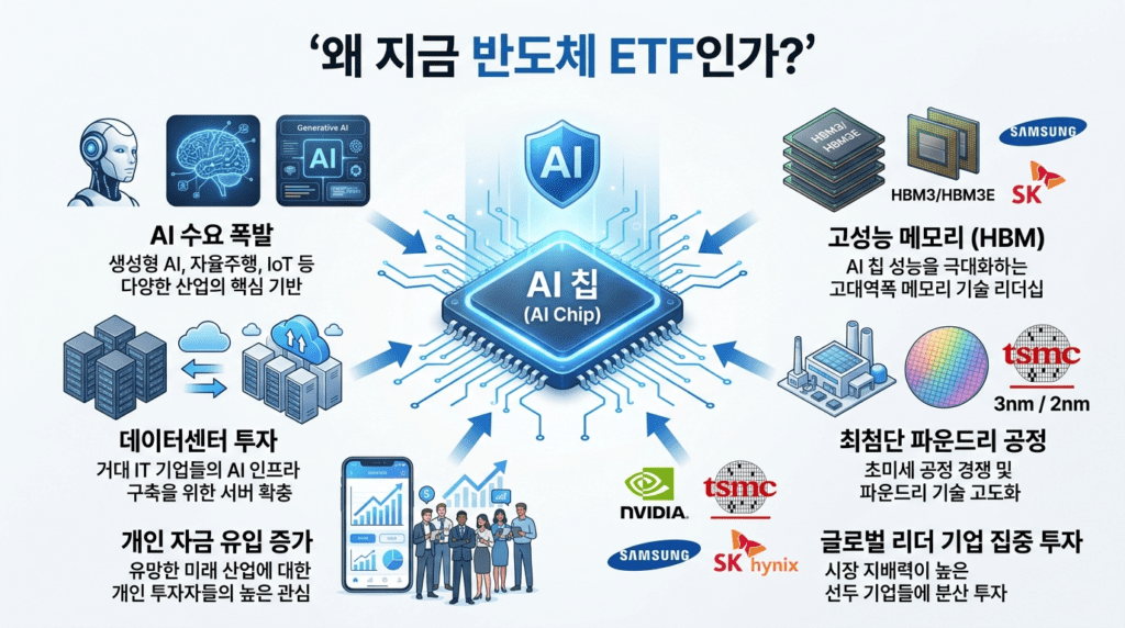반도체 ETF 투자가 주목받는 이유를 AI 수요 HBM 데이터센터 개인 자금 유입과 반도체 생태계로 설명하는 인포그래픽