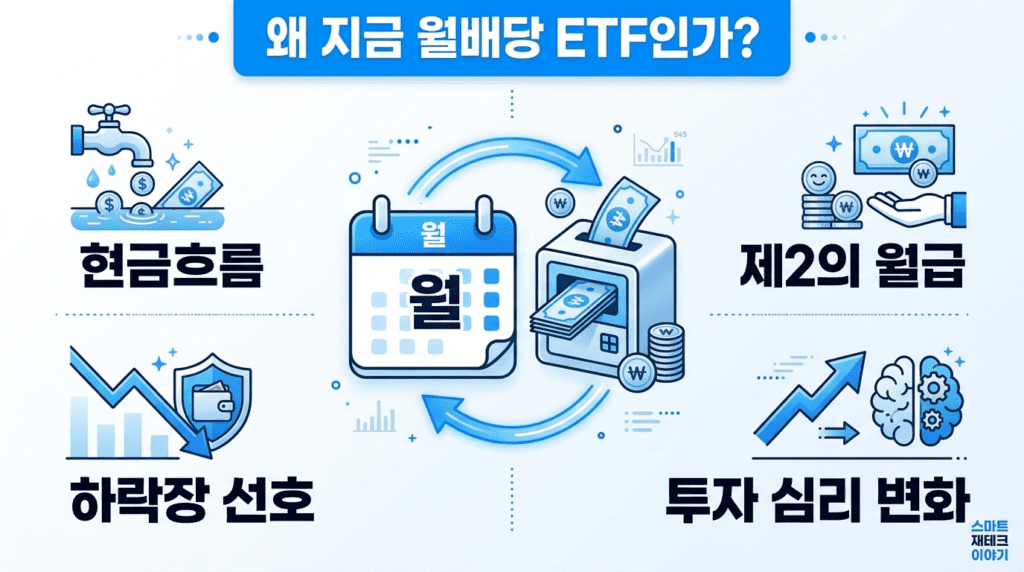월배당 ETF가 인기있는 이유를 현금흐름 제2의 월급 하락장 선호 투자 심리 변화로 설명하는 인포그래픽