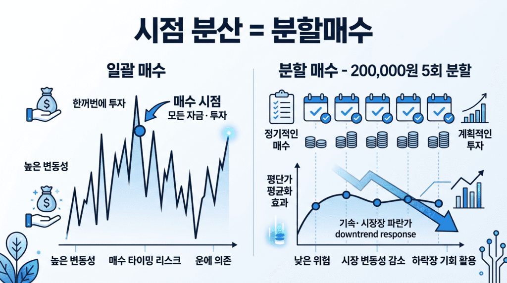 시점 분산 분할매수 방법을 한 번 전액 매수와 여러 차례 나눠 매수하는 방식의 변동성 차이로 설명한 인포그래픽