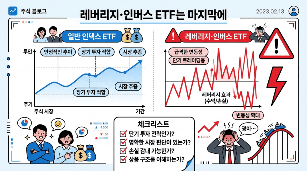 레버리지와 인버스 ETF의 높은 변동성을 일반 지수형 ETF와 비교하여 초보자에게 경고하는 인포그래픽