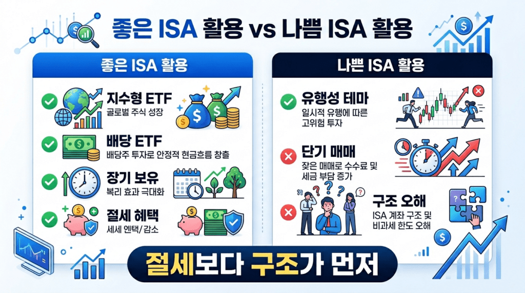 좋은 ISA 활용과 나쁜 ISA 활용을 지수형 ETF 장기 보유와 유행 테마 단기매매로 구분하여 절세보다 구조가 먼저임을 강조하는 인포그래픽