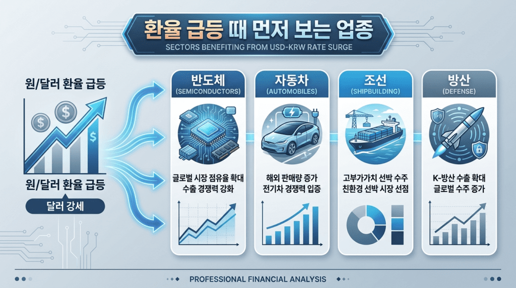 환율 급등 시 수출주, 반도체, 자동차, 조선, 방산 업종으로 자금이 먼저 이동하는 흐름을 보여주는 인포그래픽