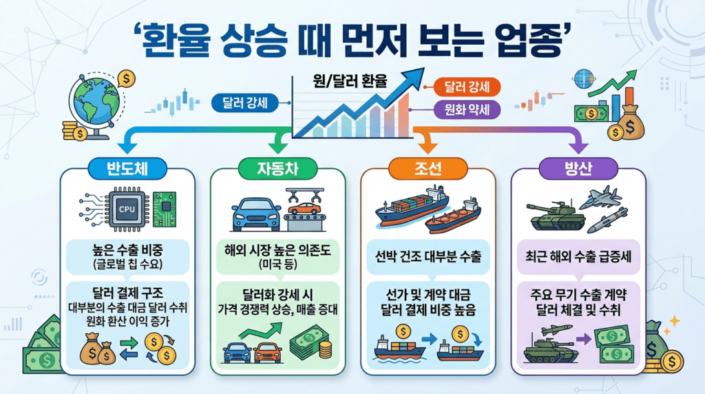 환율 상승 시 반도체, 자동차, 조선, 방산 업종으로 자금이 먼저 이동하는 흐름과 수출 비중을 보여주는 인포그래픽
