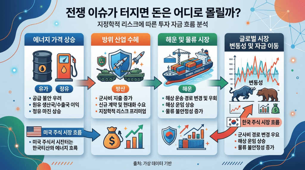 전쟁 이슈 발생 시 자금이 유가 방산 정유 해운 섹터로 몰리는 흐름과 변동성을 설명하는 인포그래픽