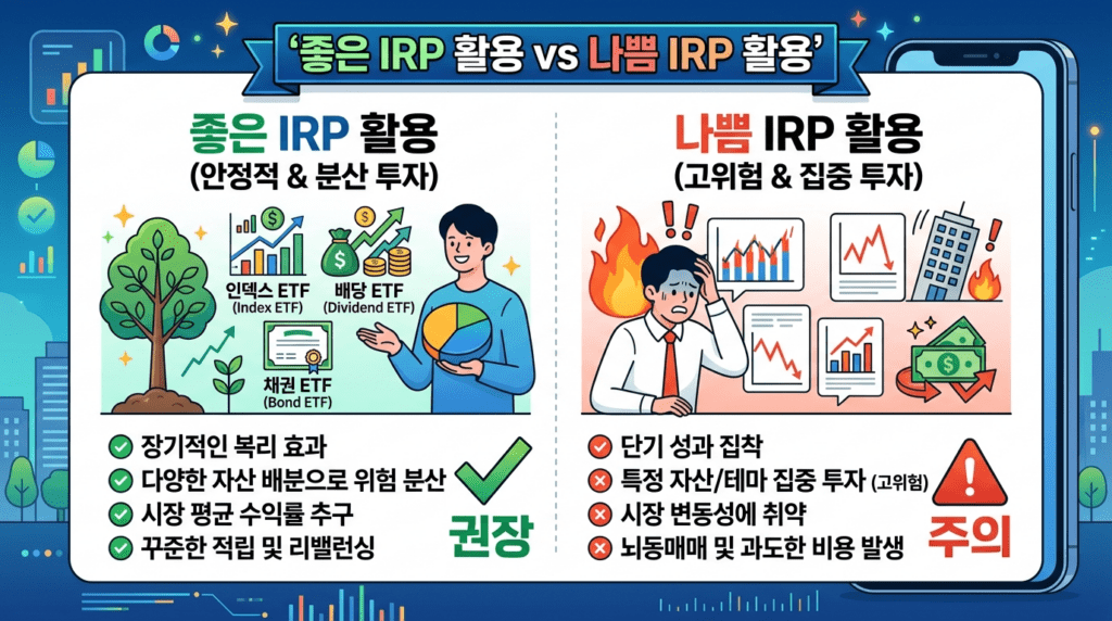 좋은 IRP 활용과 나쁜 IRP 활용을 지수형 배당형 채권형 분산 포트폴리오와 수익률 추구 집중 포트폴리오로 비교한 인포그래픽