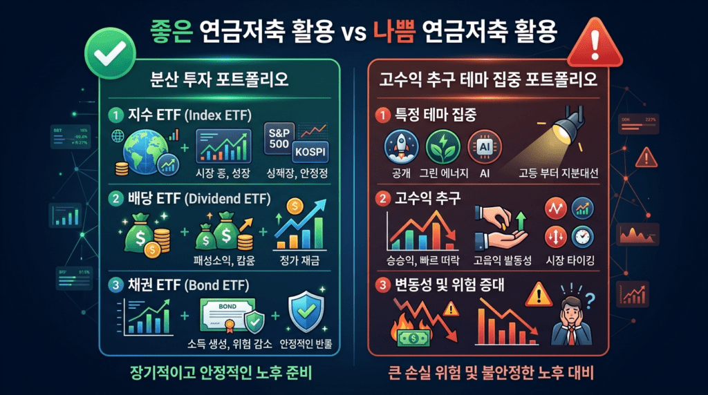 좋은 연금저축 활용과 나쁜 연금저축 활용을 지수형 배당형 채권형 분산 포트폴리오와 테마형 집중 포트폴리오로 비교한 인포그래픽