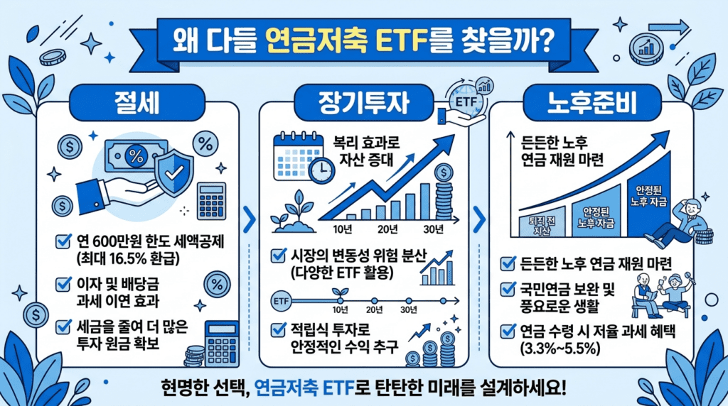 연금저축 ETF가 주목받는 이유를 절세 장기투자 노후준비 측면에서 설명하는 인포그래픽