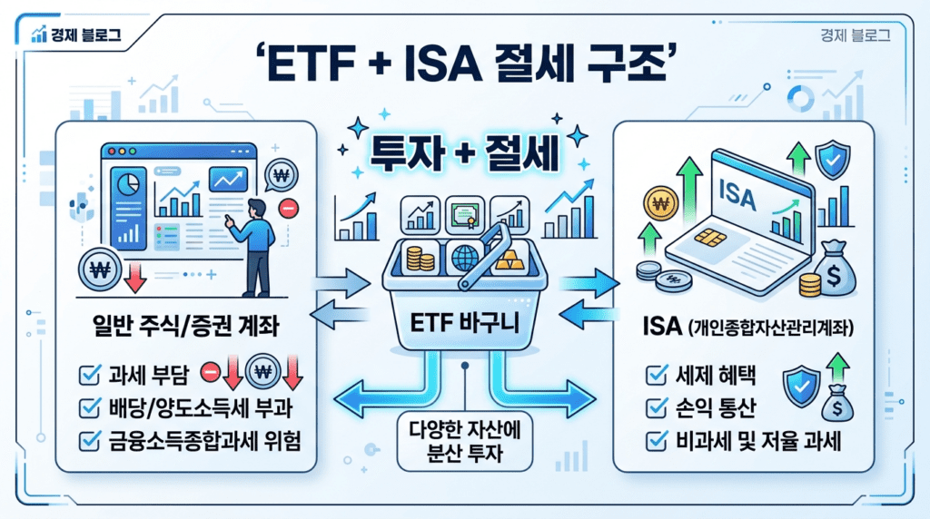ETF 투자와 ISA 절세 계좌를 함께 활용하는 투자 플러스 절세 구조를 설명하는 인포그래픽