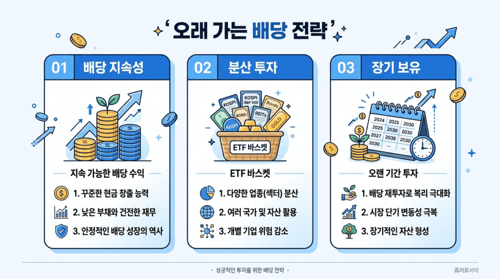 배당주 투자 장기 전략 배당 지속성 분산 투자 장기 보유 핵심 원칙을 요약한 인포그래픽